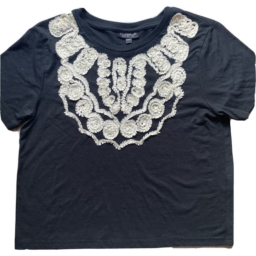 Topshop Womens Embroidered Lace Front Short Sleeve Top Black Ivory Sz S